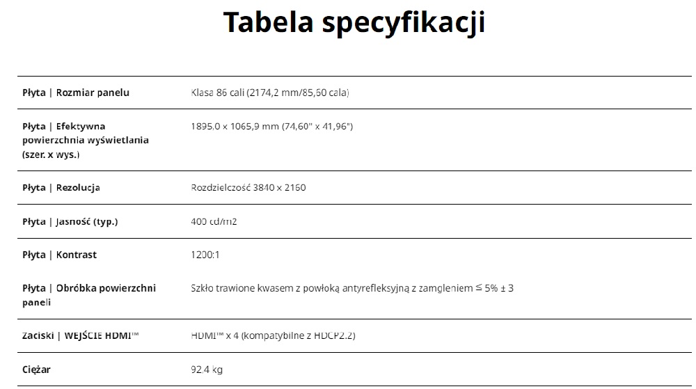 WYSWIETLACZ TH-86CQE2-IR TABELA SPECYFIKACJI